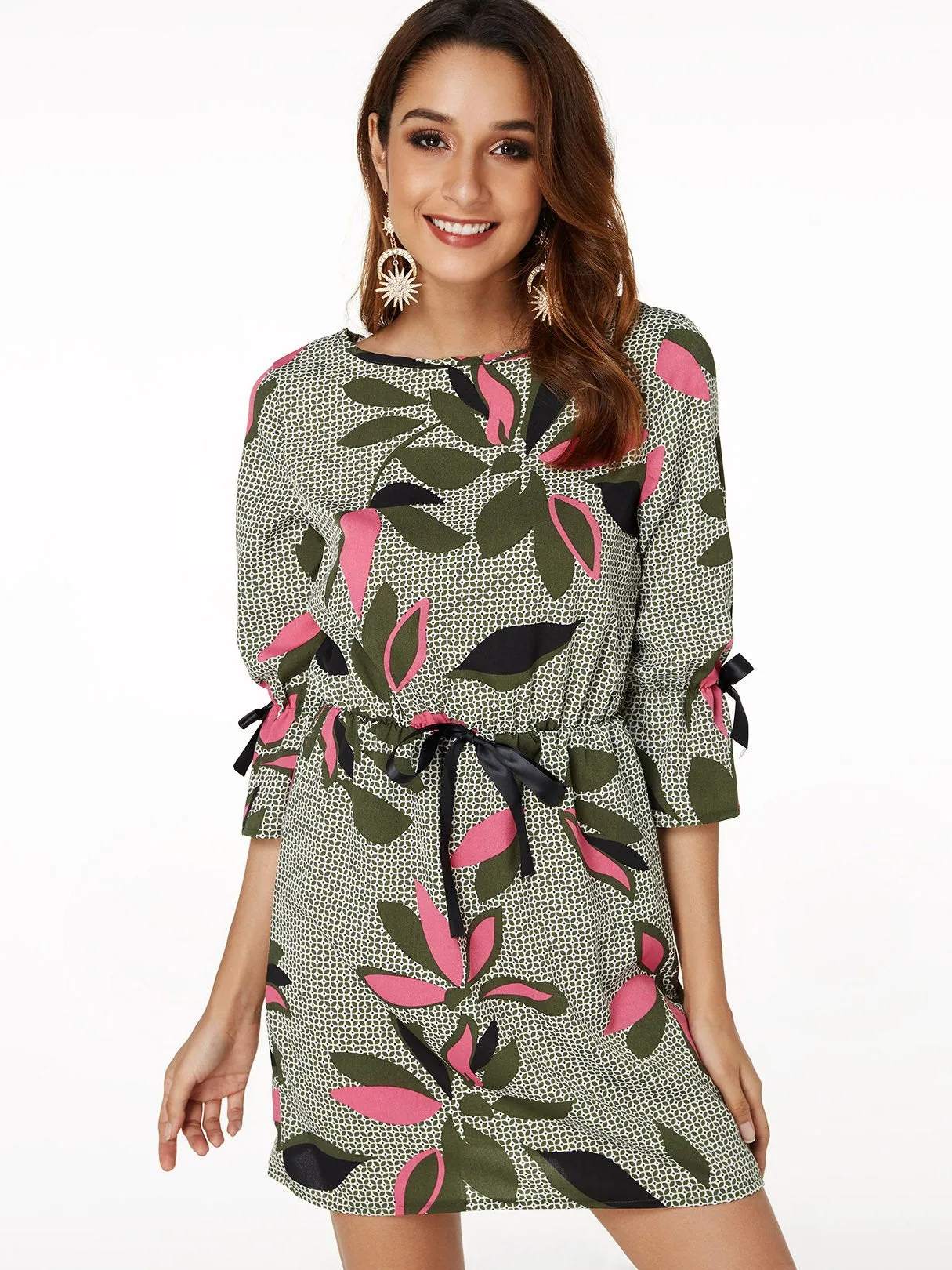 Wholesale Round Neck 3/4 Length Sleeve Floral Print Self-Tie 3/4 Length Sleeve Dress