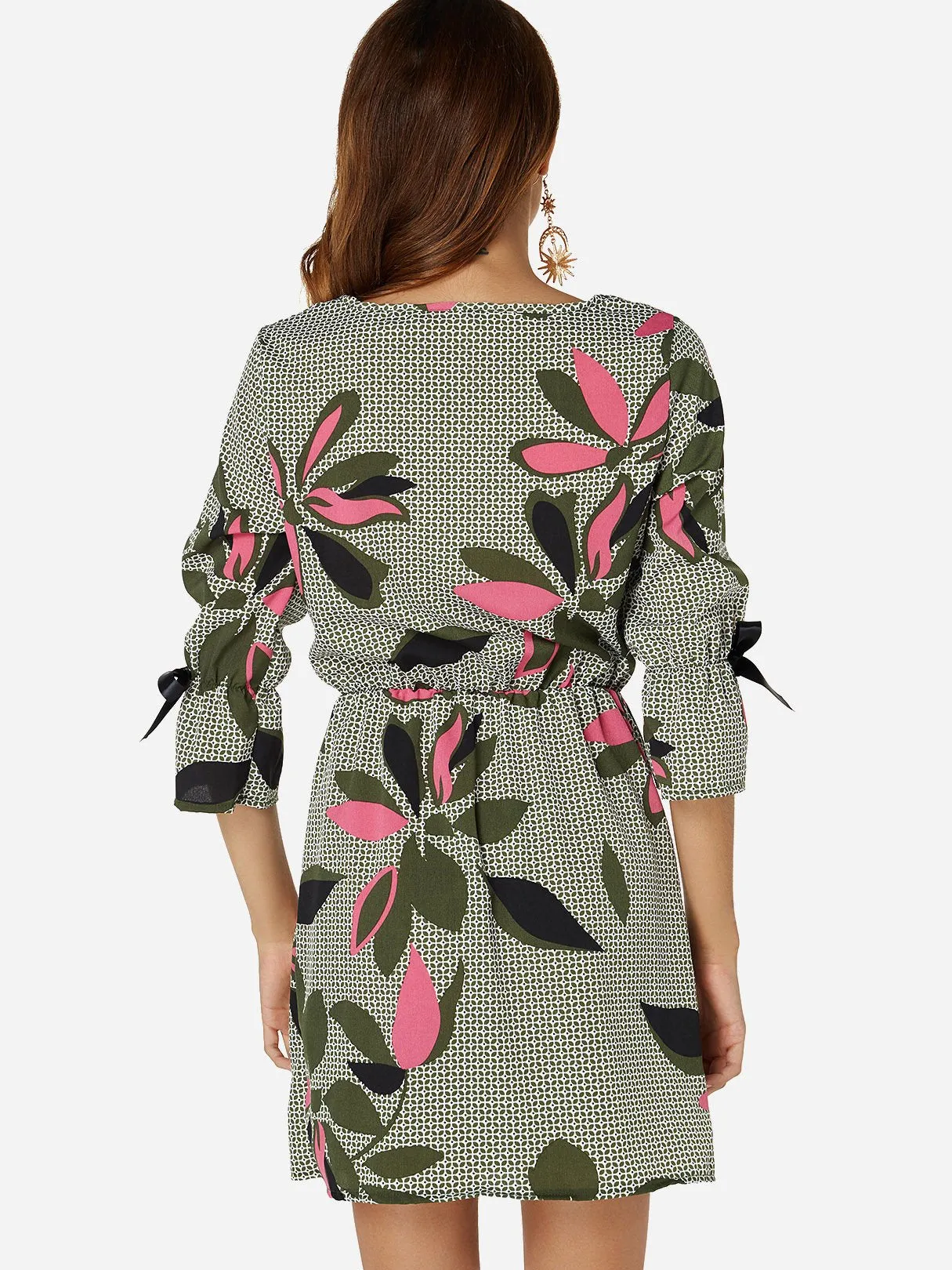 Wholesale Round Neck 3/4 Length Sleeve Floral Print Self-Tie 3/4 Length Sleeve Dress