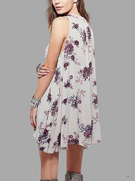 Wholesale Round Neck Sleeveless Floral Print Flounced Hem Dress