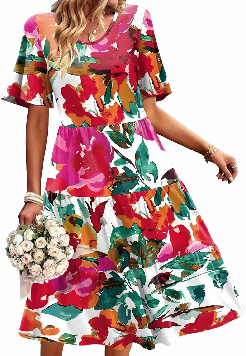 Zeagoo Midi Floral Flutter Short Sleeve Casual Dresses with Pockets