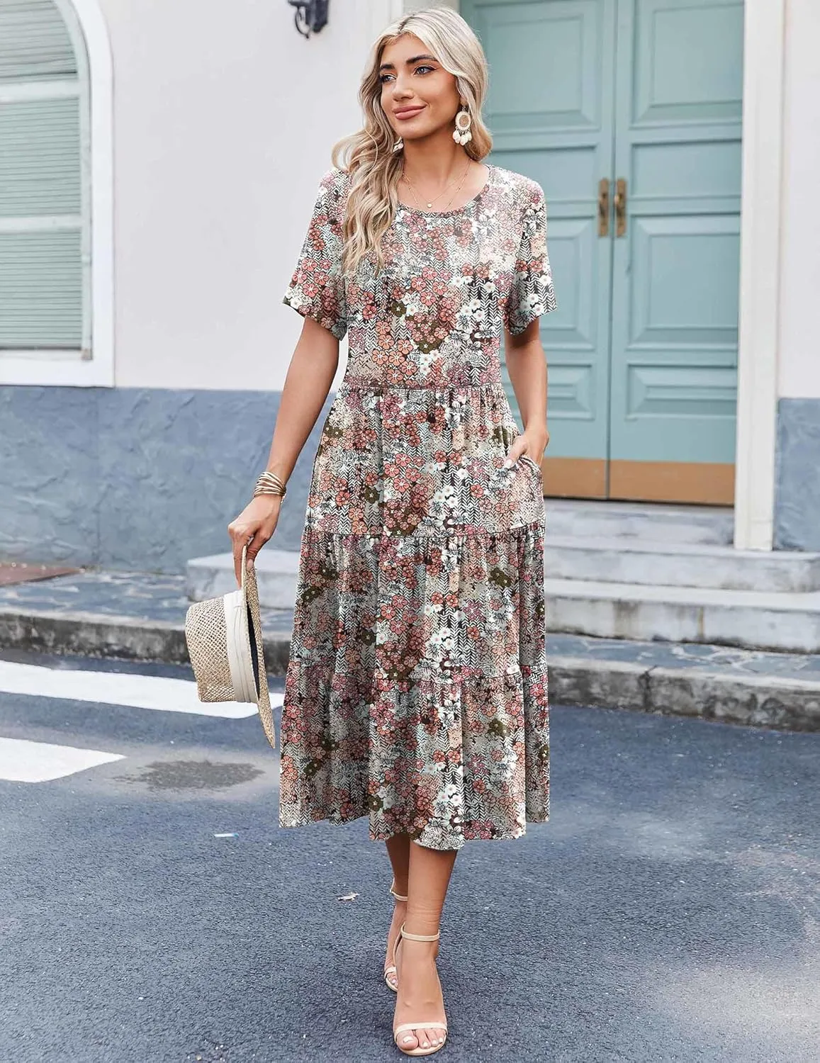 Zeagoo Midi Floral Flutter Short Sleeve Casual Dresses with Pockets