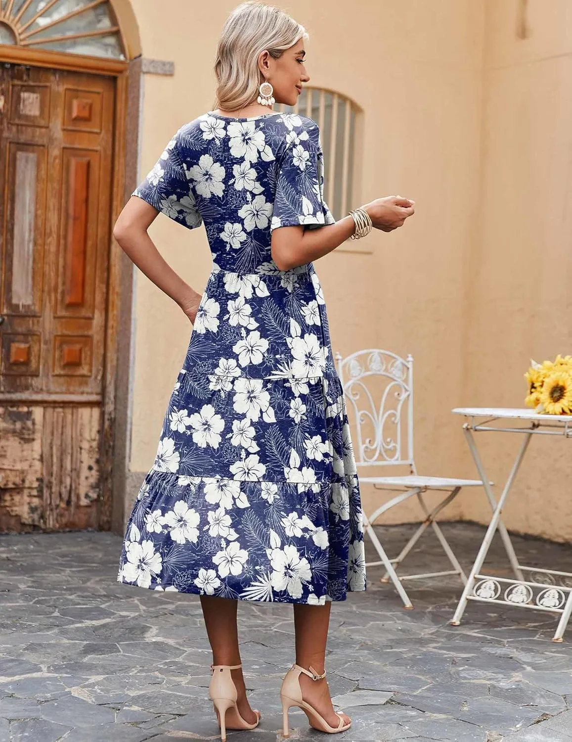 Zeagoo Midi Floral Flutter Short Sleeve Casual Dresses with Pockets