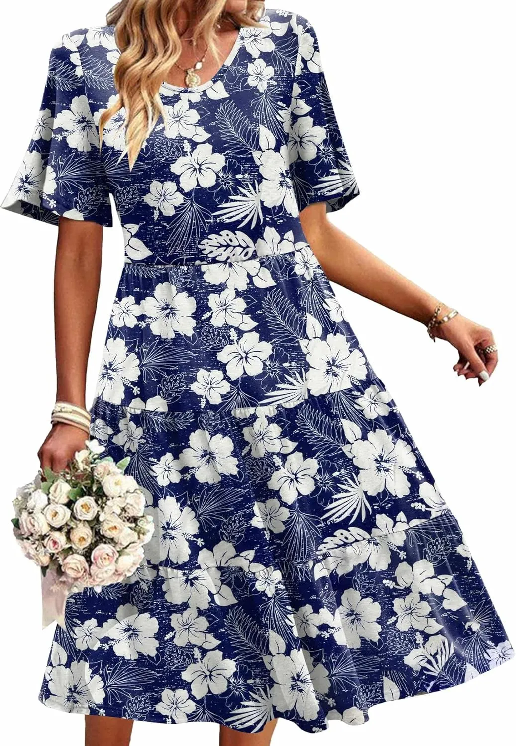 Zeagoo Midi Floral Flutter Short Sleeve Casual Dresses with Pockets