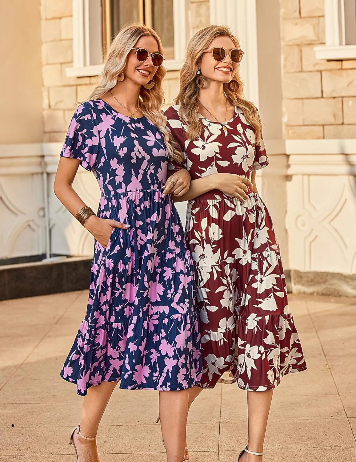 Zeagoo Midi Floral Flutter Short Sleeve Casual Dresses with Pockets