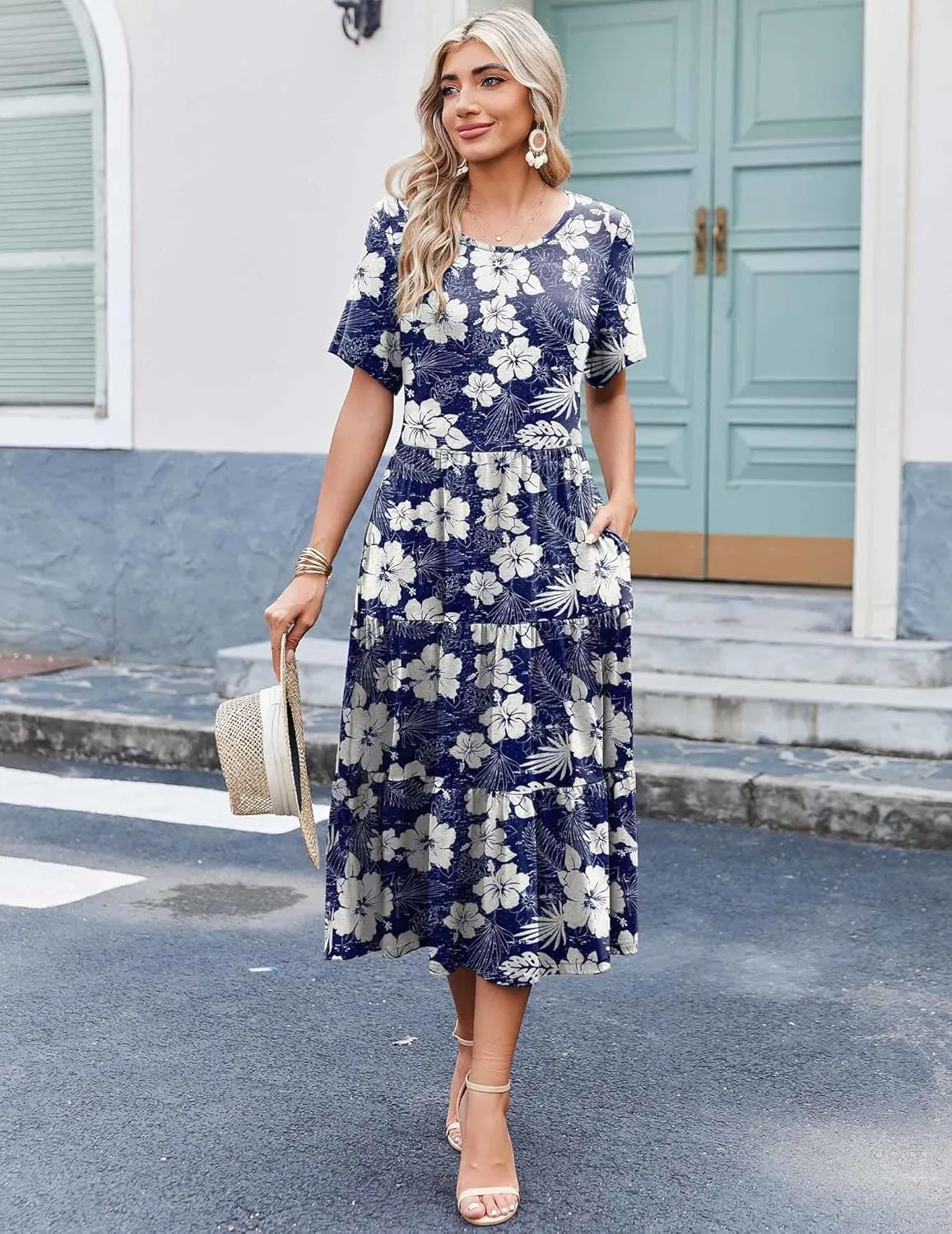 Zeagoo Midi Floral Flutter Short Sleeve Casual Dresses with Pockets