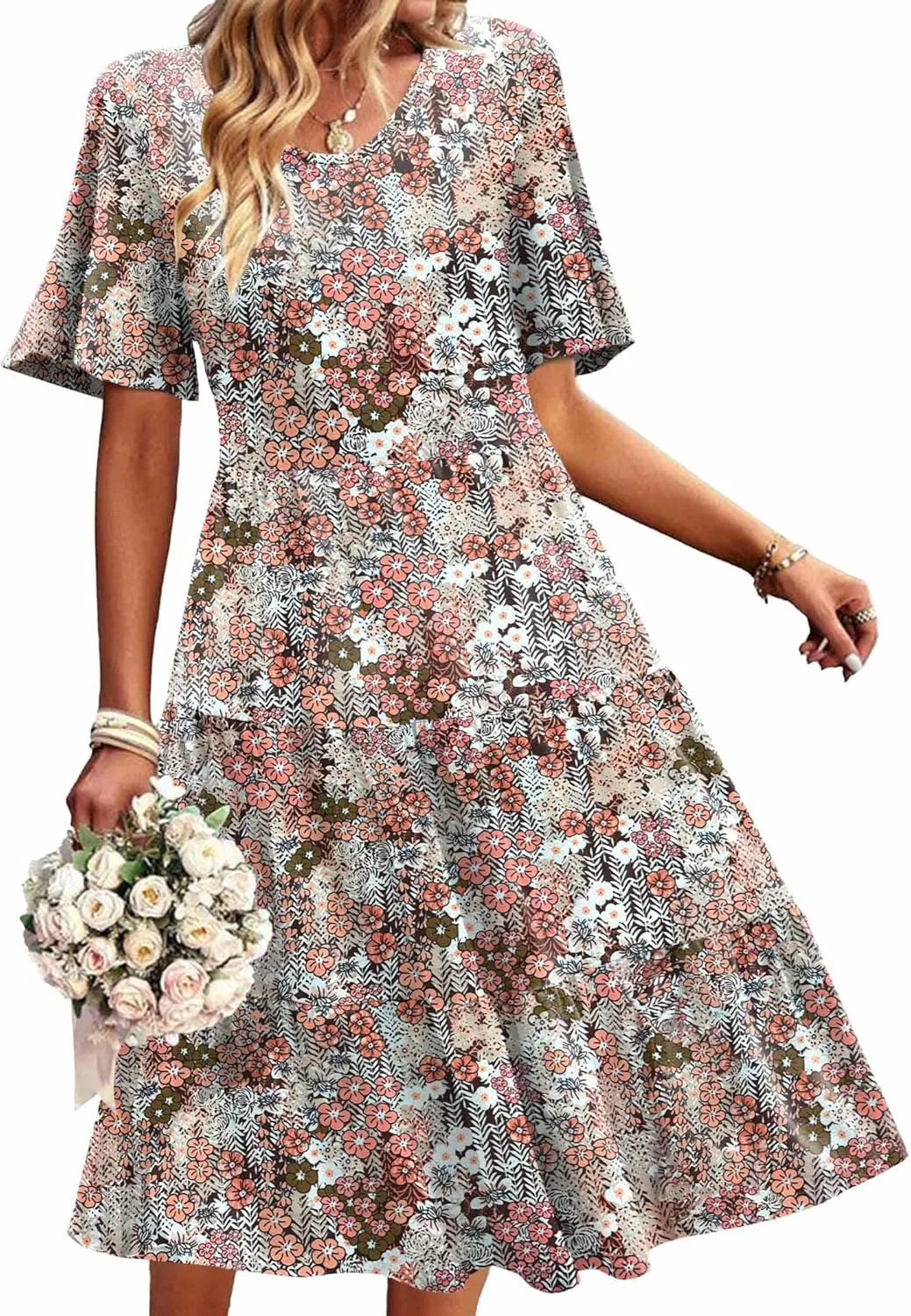 Zeagoo Midi Floral Flutter Short Sleeve Casual Dresses with Pockets