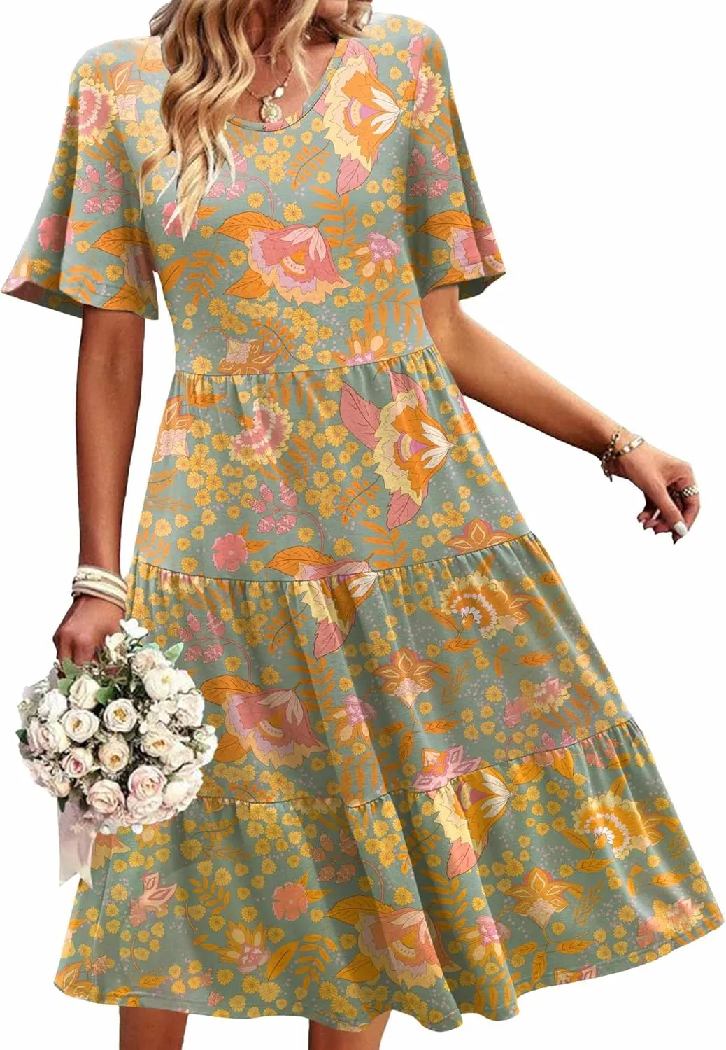 Zeagoo Midi Floral Flutter Short Sleeve Casual Dresses with Pockets