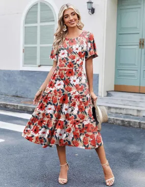 Zeagoo Midi Floral Flutter Short Sleeve Casual Dresses with Pockets