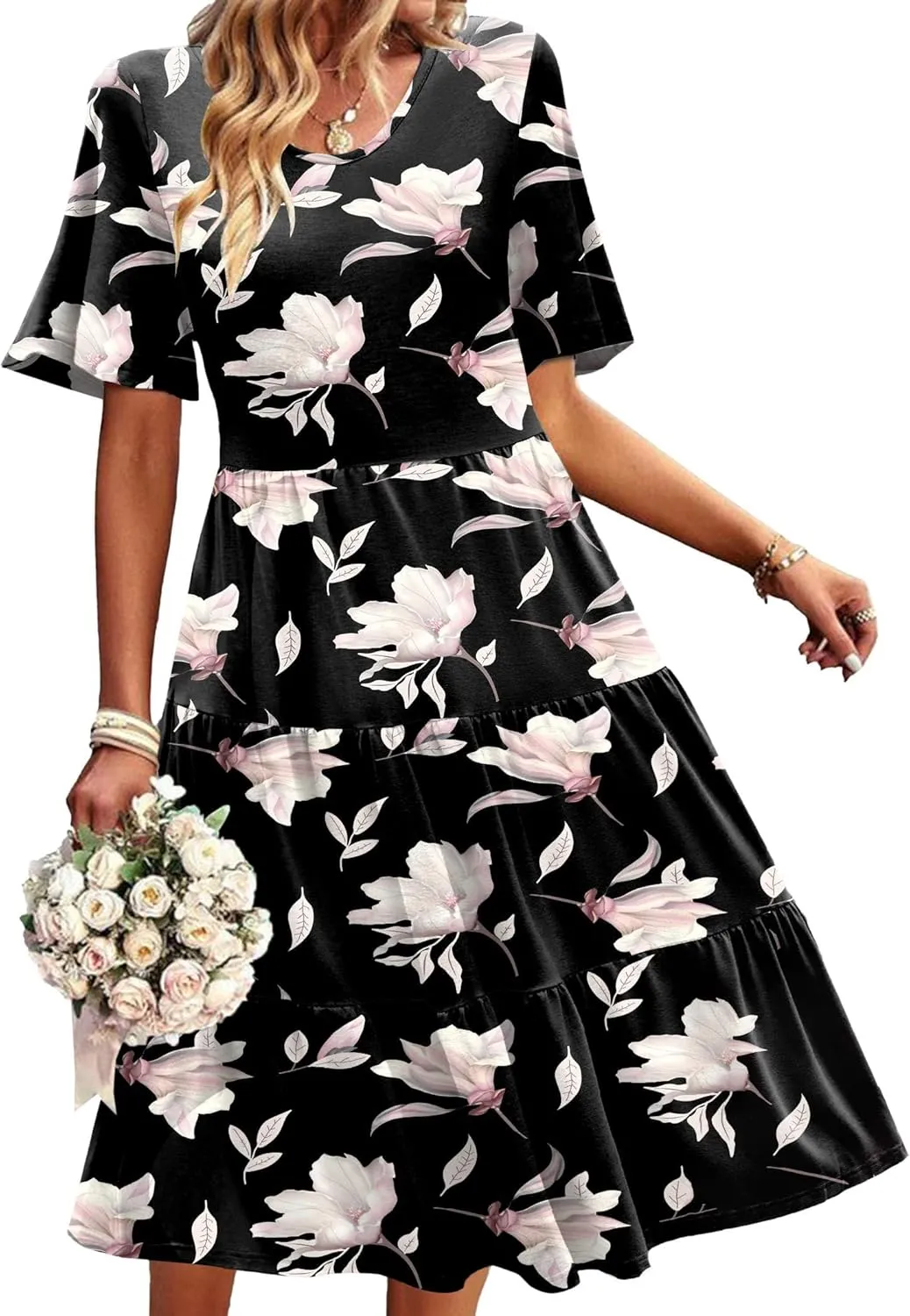 Zeagoo Midi Floral Flutter Short Sleeve Casual Dresses with Pockets