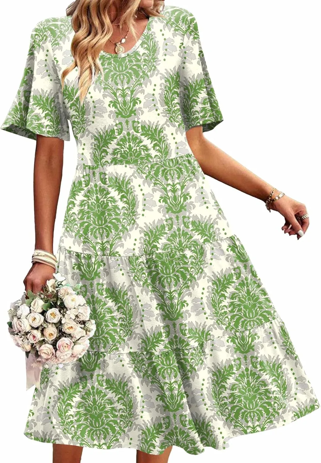 Zeagoo Midi Floral Flutter Short Sleeve Casual Dresses with Pockets