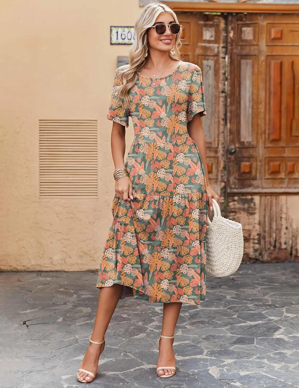 Zeagoo Midi Floral Flutter Short Sleeve Casual Dresses with Pockets