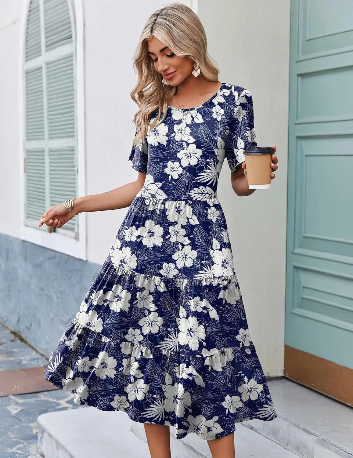 Zeagoo Midi Floral Flutter Short Sleeve Casual Dresses with Pockets