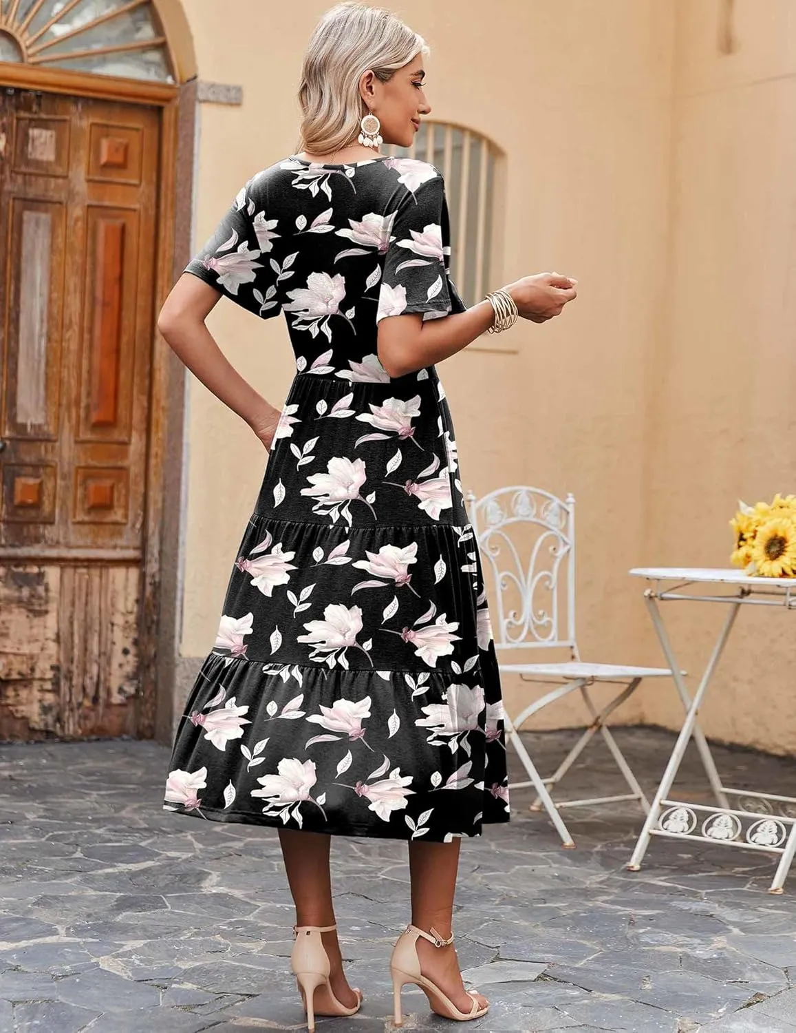 Zeagoo Midi Floral Flutter Short Sleeve Casual Dresses with Pockets