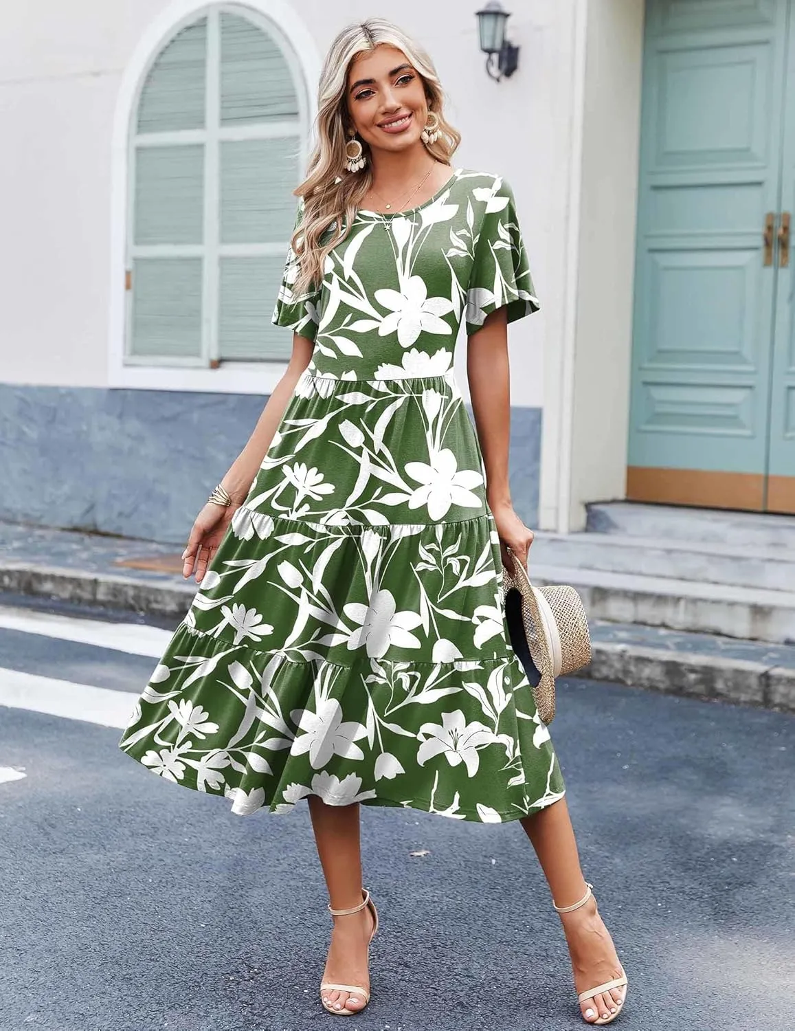 Zeagoo Midi Floral Flutter Short Sleeve Casual Dresses with Pockets